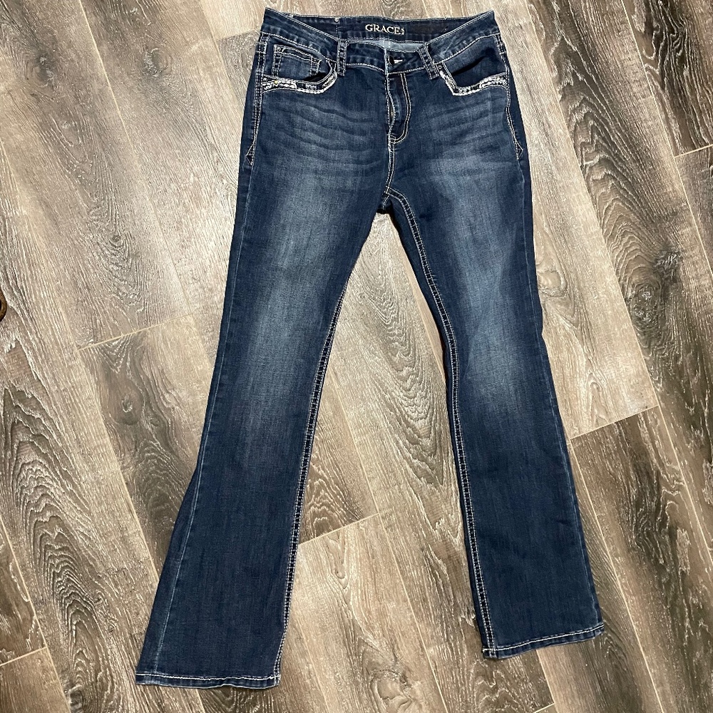 Grace in LA Women's Dark Wash Horseshoe Pockets Boot Cut Jean